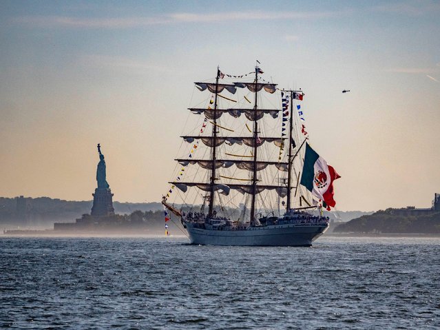 The Mexican tall ship ARM Cuauhtemoc makes its way down the Hudson River past the Statue of Liberty.after undergoing repairs at a NYC shipyard and spending time at Pier 86 on October 4, 2025. The training ship collided with the Brooklyn Bridge.and sadly two cadets on board were killed in May 2025. The ship and its crew are on their way back to Mexico. (Photo by Milo Hess/ZUMA Press Wire via Alamy Live News)