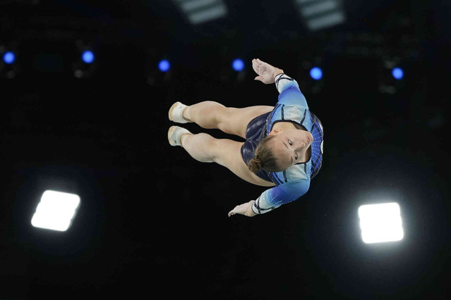 Anzhela Bladtceva of the Individual Neutral Athletes competes during the women's trampoline qualification round in Bercy Arena at the 2024 Summer Olympics, Friday, August 2, 2024, in Paris, France. (Photo by Charlie Riedel/AP Photo)