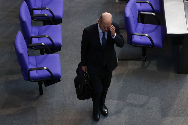 German Chancellor Olaf Scholz leaves the last planned session of German lower house of parliament Bundestag ahead of the general election in Berlin, Germany, on February 11, 2025. (Photo by Liesa Johannssen/Reuters)