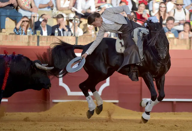 French “rejoneadora” (mounted bullfighter) Lea Vicens rides her horse in front of a bull during the Feria de Abril bullfighting festival at La Maestranza bullring in Seville on May 1, 2022. (Photo by Cristina Quicler/AFP Photo)