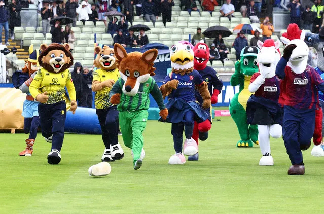There Off in the Mascot race during the Vitality T20 Finals Day 2023 semi final match between Essex Eagles and Hampshire Hawks at Edgbaston, Birmingham Essex County Cricket Club v Hampshire County Cricket Club, Vitality T20 Finals Day 2023., Semi-Final on July 15, 2023. (Photo by John Mallett/ProSports/Rex Features/Shutterstock)