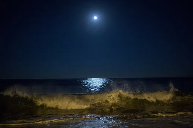 Surf breaks as the moon makes its closest orbit to the Earth since 1948 on November 14, 2016 in Redondo Beach, California. The so-called supermoon appears up to 14 percent bigger and 30 percent brighter as it comes about 22,000 miles closer to the Earth than average, though to the casual observer, the increase appears slight. (Photo by David McNew/Getty Images)