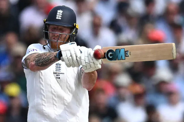 England's captain Ben Stokes plays a shot on day three of the fourth Ashes cricket Test match between England and Australia at Old Trafford cricket ground in Manchester, north-west England on July 21, 2023. (Photo by Oli Scarff/AFP Photo)