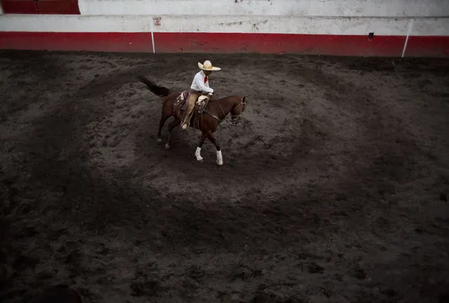 In this February 26, 2015 photo, a charro warms up his horse by practicing circles outside the arena during a charreada between teams composed of the best charros from 27 Mexican states in Mexico City. For competitive charros, the sport is an encompassing passion. To excel, they need to dedicate much of their free time to working with their horses and honing their skills in the different disciplines. (Photo by Rebecca Blackwell/AP Photo)