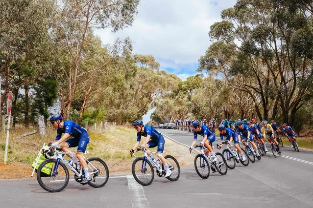 Team Groupama - FDJ riders lead the peloton during the 2024 Men's Elite Cadel Evans Great Ocean Road Race in Geelong on January 28, 2024. (Photo by Chris Putnam/AFP Photo)