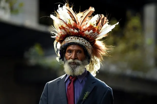 A representative of Papua New Guinea's Fuzzy Wuzzy Angels takes part in the Anzac Day march in Sydney, Australia, 25 April 2016. This year marks the 100th anniversary of the first Australian and New Zealand Army Corps (ANZAC) Day service, commemorating the landing of Anzac troops at Gallipoli in what is today Turkey during WWI. World War One, also called the Great War, according to official statistics it costed more than 37 million military and civilian casualties between 1914 and 1918. (Photo by Dan Himbrechts/EPA)