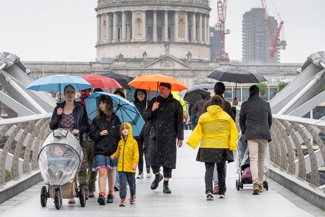 People cross the Millennium Bridge in London, with St Paul's Cathedral behind, in the rain on a wet early May Bank Holiday Monday, on May 6, 2024. The Met Office forecast is for rain in the capital for most of the day. (Photo by Stephen Chung/Alamy Live News)
