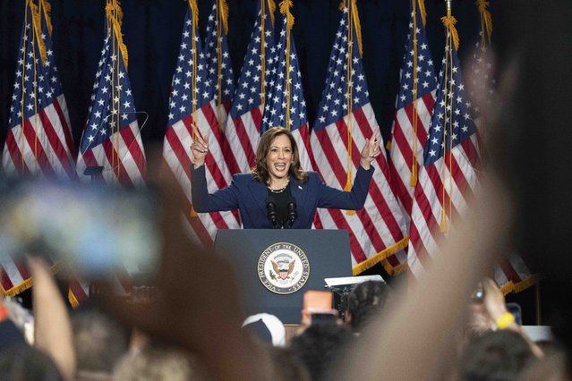 Vice President Kamala Harris campaigns for President as the presumptive Democratic candidate during an event at West Allis Central High School, Tuesday, July 23, 2024, in West Allis, Wis. (Photo by Kayla Wolf/AP Photo)