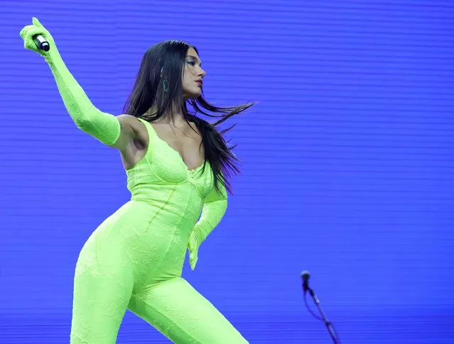 English singer and songwriter Dua Lipa performs during a stop of her Future Nostalgia tour at T-Mobile Arena on March 25, 2022 in Las Vegas, Nevada. (Photo by Ethan Miller/Getty Images)
