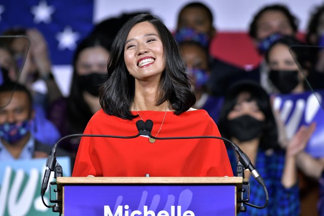 Boston Mayor-elect Michelle Wu addresses supporters at her election night party, Tuesday November 2, 2021, in Boston. Wu defeated fellow city councilor Annissa Essaibi George to become the first woman of color elected as mayor of Boston. (Photo by Josh Reynolds/AP Photo)