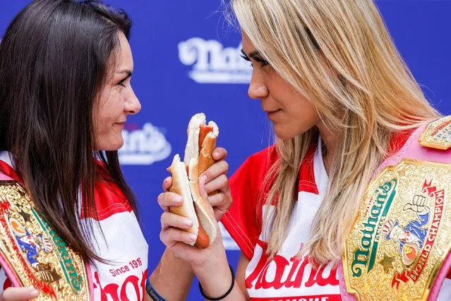 World Champion Miki Sudo stares down the 2021 Women World Champion Michelle Lesco ahead of Nathan's Famous Fourth of July International Hot Dog-Eating Contest in New York, U.S., July 1, 2022. (Photo by Eduardo Munoz/Reuters)