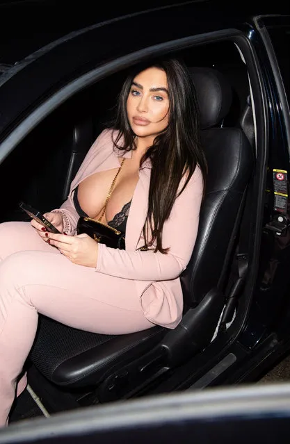 The former UK Towie star Lauren Goodger looked sexier than ever in a lace bodysuit and baby pink suit on a night out in London last night, February 23, 2020. (Photo by Backgrid UK)