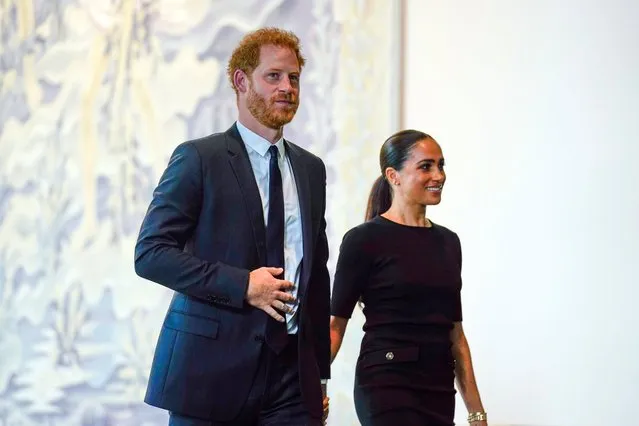 Prince Harry and Meghan Markle arrive at United Nations headquarters, Monday, July 18, 2022. The Duke and Duchess of Sussex were at the UN to mark the observance of Nelson Mandela International Day. (Photo by Seth Wenig/AP Photo)