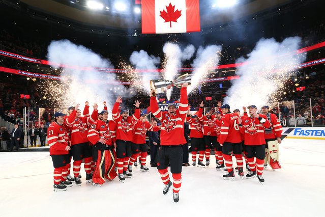 Captain Sidney Crosby lifts the trophy after Canada defeated the United States in the final of the 4 Nations Face-Off on Thursday, February 20, 2025. Canada won 3-2 in overtime. (Photo by Bruce Bennett/Getty Images)