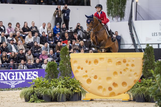 Lillie Keenan of United States on Kick on competes in the FEI Jumping World Cup Finals at the St. Jakobshalle in Basel, Switzerland, 06 April 2025. (Photo by Til Buergy/EPA)