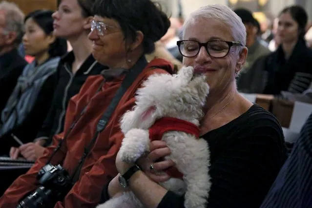 Marion Kahan and dog, Tink, attend the 31st annual Feast of Saint Francis and Blessing of the Animals at The Cathedral of St. John the Divine in the Manhattan borough of New York on October 4, 2015. (Photo by Elizabeth Shafiroff/Reuters)