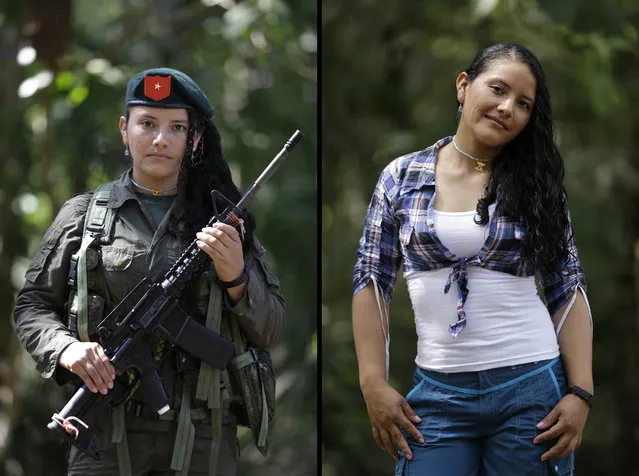 This August 13, 2016 photo shows two portraits of Yeimi, one of her holding a weapon in uniform for the Revolutionary Armed Forces of Colombia (FARC) 48th front, and in civilian clothing at a guerrilla camp in the southern jungle of Putumayo, Colombia. Yeimi, 23, said she has spent 10 years with the FARC and would like to study systems after demobilizing as part of a peace deal with Colombia's government. An October 2 national referendum will give voters the chance to approve the deal for ending a half-century of political violence that has claimed hundreds of thousands of lives and driven millions from their homes. (Photo by Fernando Vergara/AP Photo)