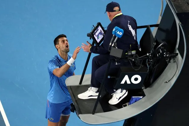 Serbia's Novak Djokovic remonstrates with the umpire during his second round match against France's Enzo Couacaud, during the Australian Open, in Melbourne Park, Melbourne, Australia on January 19, 2023. (Photo by Loren Elliott/Reuters)