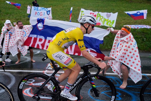 Slovenia's Tadej Pogacar, wearing the overall leader's yellow jersey, climbs towards La Plagne during the nineteenth stage of the Tour de France cycling race over 93.1 kilometers (57.85 miles) with start in Albertville and finish in La Plagne, France, Friday, July 25, 2025. (Photo by Marco Bertorello/AFP Photo)