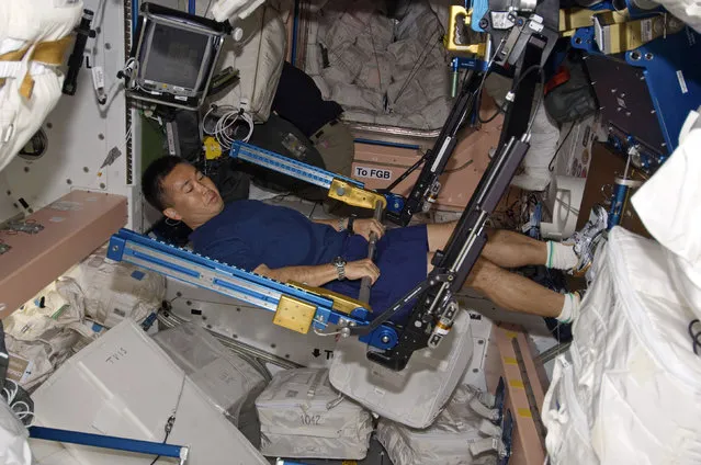 Japanese Aerospace Exploration Agency astronaut Koichi Wakata begins a workout on the Advanced Resistive Exercise Device in the Unity node on March 21, 2009. (Photo by Reuters/NASA)