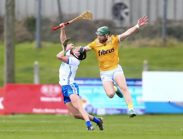 Antrim’s Niall McKenna tackles Waterford’s Conor Gleeson in the Allianz Hurling League Division 1 Group B match in Fraher Field, Waterford, Ireland on February 26, 2023. (Photo by Ken Sutton/Inpho)