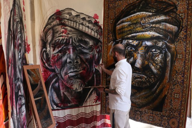 A view shows a painting by 25-year-old artist Ferhat Gumus, who transforms old carpets and curtains into artworks to earn a living and contribute to recycling, in Gaziantep, Turkiye, on August 22, 2025. Gumus repurposes discarded household items into vibrant pieces, offering both an income source and a visual feast. (Photo by Fevzi Kemal Karagoz/Anadolu via Getty Images)