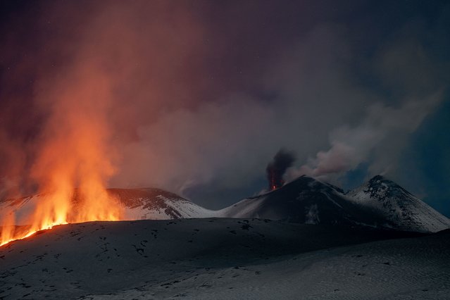 Lava flows from a fracture on Italy’s Mount Etna volcano on Monday, February 10, 2025. Mount Etna is Europe’s tallest and most active volcano. (Photo by Giuseppe Distefano/Etna Walk via AFP Photo)