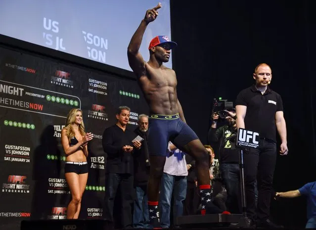 Anthony “Rumble” Johnson of the U.S. poses on the scale during the weigh-in for Saturday's UFC light heavyweight championship mixed martial arts bout at Tele2 Arena in Stockholm, January 23, 2015. (Photo by Henrik Montgomery/Reuters/TT News Agency)