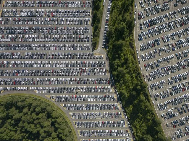 An aerial view shows a segment of the courtyard of the Volkswagen car factory, with thousands of stopped vehicles, in the city of Sao Bernardo do Campo, Brazil, 28 June 2023. The German company Volkswagen announced a temporary suspension of production in its factories in Brazil as a result of the “market stagnation” of the sale of vehicles, according to the company. (Photo by Isaac Fontana/EPA)