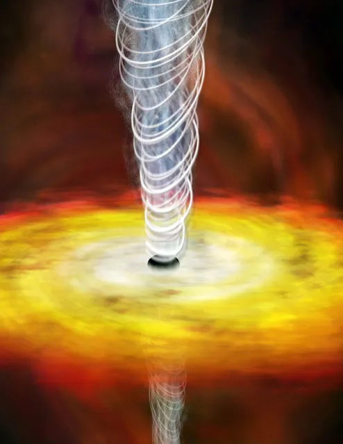 An undated illustration shows an artist's impression of a black hole engine. Black holes are the most fuel-efficient engines in the universe, researchers said on April 24, 2006. If a car could use this kind of engine, it could theoretically go about a billion miles (1.6 billion km) on a gallon (4.5 litres) of gas, said Steve Allen of Stanford University in California. Fueled by matter lured by the holes' vast gravity, most of the energy released by this matter as it gets close to the black hole's point of no return – known as the event horizon – shows up in the form of high-energy jets, which spew forth from magnetized disks of gas. (Photo by Reuters/NASA)
