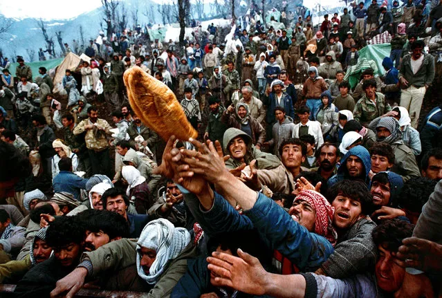 Frantic Kurdish refugees struggle for a loaf of bread during a humanitarian aid distribution at the Iraqi-Turkish border, April 5, 1991. (Photo by Yannis Behrakis/Reuters)