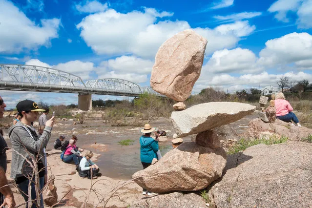 Seemingly impossible balancing of rocks could be scene all over the park along the Llano River in Llano TX fro the Environmental Arts Festival. People from all overcame to enjoy the talent of pros and test their own rock balancing talents March 12, 2016. (Photo by Nell Carroll/American-Statesman)