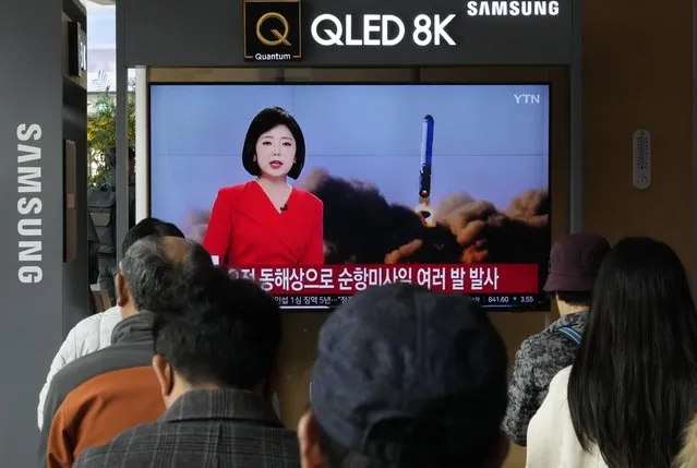 A TV screen shows a file image of North Korea's missile launch during a news program at the Seoul Railway Station in Seoul, South Korea, Wednesday, February 14, 2024. North Korea on Wednesday fired multiple cruise missiles into the sea in its fifth test of such weapons since January, South Korea's military said, extending a streak in weapons demonstrations that's elevating tensions in the region. (Photo by Ahn Young-joon/AP Photo)