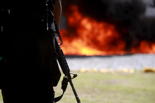A police official stands guard while confiscated drugs burn inside a military base in Santo Domingo April 16, 2015. At least 1.3 tons of cocaine were burned. (Photo by Ricardo Rojas/Reuters)