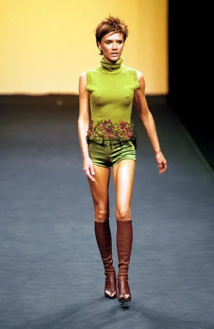 English singer Victoria Beckham models for Maria Grachvogel during London Fashion Week on February 16, 2000. (Photo by Steve Wood/Rex Features/Shutterstock)