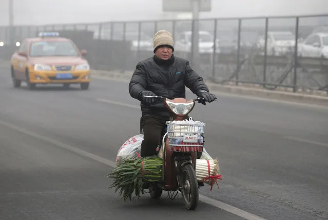 A man rides an electric bicycle carrying vegetables during the smog in Beijing, China, February 14, 2017. (Photo by Jason Lee/Reuters)