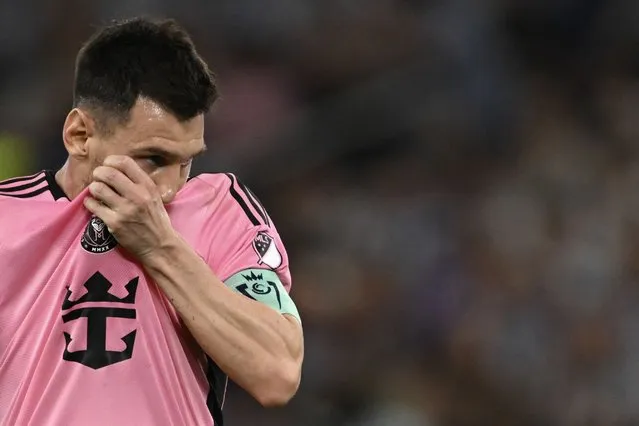 Inter Miami's Argentine forward Lionel Messi gestures during the Concacaf Champions Cup quarter-final second-leg football match between Mexico's Monterrey and USA's Inter Miami at the BBVA Stadium in Monterrey, Mexico on April 10, 2024. (Photo by Yuri Cortez/AFP Photo)