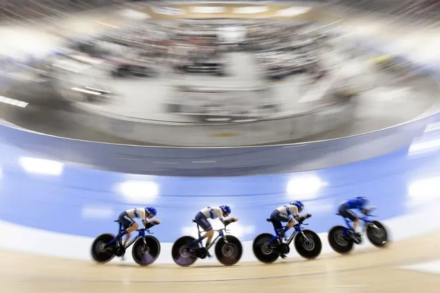 Elisa Balsamo, Chiara Consonni, Martina Fidanza and Vittoria Guazzini, of Italy, compete in the gold-medal round of the women's team pursuit during the UCI Track Nations Cup cycling event in Milton, Ontario, Friday, April 12, 2024. (Photo by Nick Iwanyshyn/The Canadian Press via AP Photo)