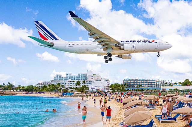 Air France airplane from Air France-KLM Group arriving at Princess Juliana International Airport, Sint Maarten, Dutch Carebbean Island on February 12, 2023, taken from Sunset Beach Bar at Maho Beach, Sint Maarten, known for the beach being very close to the runway. (Photo by Rex Features/Shutterstock)