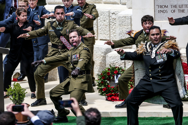 New Zealand Defence Forces units perform haka dance during ceremony held at New Zealand Memorial in Chunuk Bair (Conkbayiri) in Gallipoli Peninsula marking the 108th anniversary of Canakkale Land Battles on Gallipoli Peninsula, on April 25, 2023 in Canakkale, Turkiye. (Photo by Mustafa Yilmaz/Anadolu Agency via Getty Images)