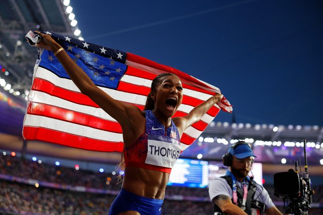 Gold medalist Gabrielle Thomas of Team United States celebrates winning the gold medal after competing in the Women's 200m Final on day eleven of the Olympic Games Paris 2024 at Stade de France on August 06, 2024 in Paris, France. (Photo by Tom Jenkins/The Guardian)