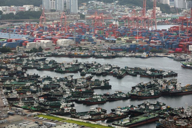 Ships take shelter at a port in Busan, South Korea, 28 August 2024, as Typhoon Shanshan moves northwest toward Japan. (Photo by Yonhap/EPA)