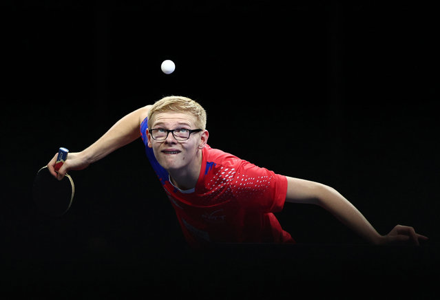 Felix Lebrun of France in action during the Men’s single qualification match against Benedikt Duda of Germany at the Table Tennis European Championships in Linz, Austria 19 October 2024. (Photo by Anna Szilágy/EPA/EFE)