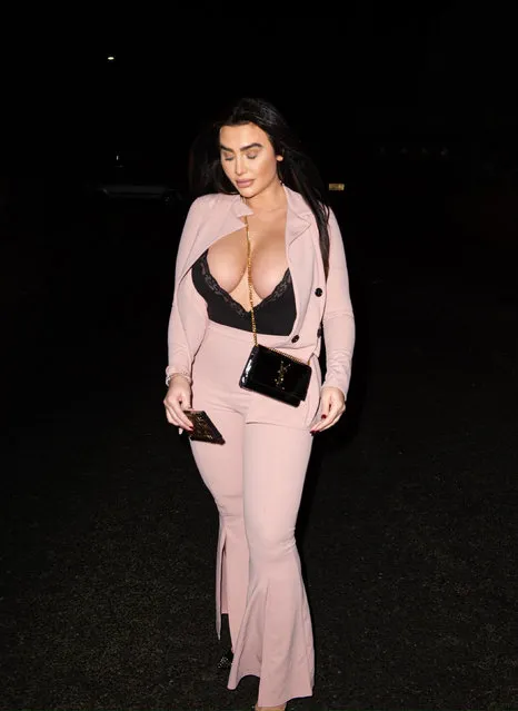 The former UK Towie star Lauren Goodger looked sexier than ever in a lace bodysuit and baby pink suit on a night out in London last night, February 23, 2020. (Photo by Backgrid UK)