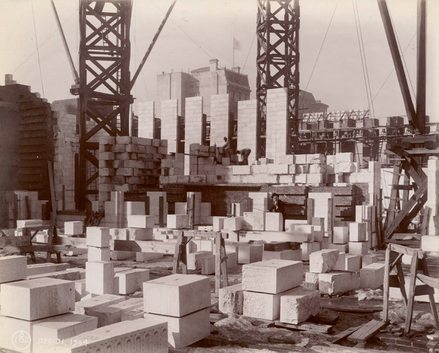 Interior work on the library, looking southwest, 1904. (Photo by New York Public Library)