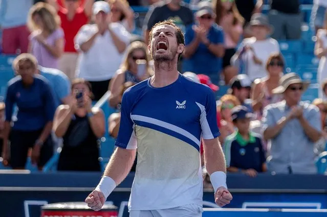 Andy Murray of Great Britain celebrates his victory over Stan Wawrinka of Switzerland in the first round of the men's singles at the Lindner Family Tennis Center on August 15, 2022 in Mason, Ohio. (Photo by Susan Mullane/USA TODAY Sports)