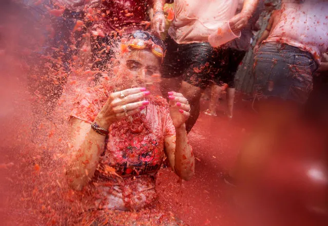 A reveller is covered with tomato pulp during the annual “Tomatina” (tomato fight) festival in Bunol near Valencia, Spain, August 31, 2016. (Photo by Heino Kalis/Reuters)
