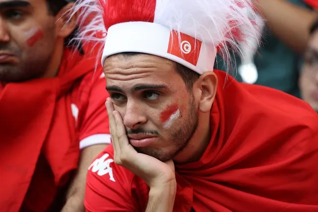 Tunisian fans sad while watching the match. Tunisia vs Australia,  Group D, FIFA World Cup 2022 on November 26 at Al Janoub Stadium in Doha, Qatar. (Photo by Showkat Shafi/Al Jazeera)