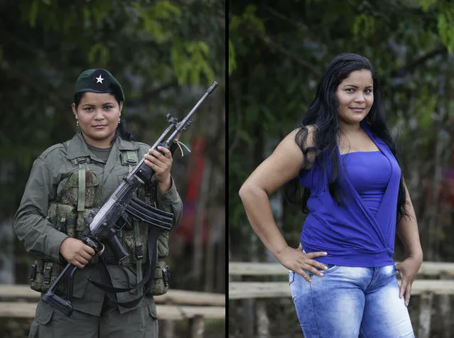 This August 15, 2016 photo shows two portraits of Derly, one holding a weapon while in her uniform for the Revolutionary Armed Forces of Colombia (FARC) 49th front, and in civilian clothing at a guerrilla camp in the southern jungle of Putumayo, Colombia. Derly, 24, said she's been with the FARC for nine years and would like to study medicine after demobilizing as part of a peace deal with Colombia's government. (Photo by Fernando Vergara/AP Photo)