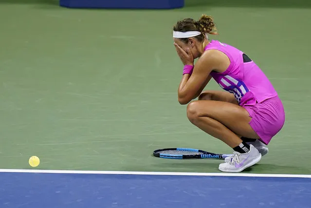 Victoria Azarenka, of Belarus, reacts after defeating Serena Williams, of the United States, during a semifinal match of the US Open tennis championships, Thursday, September 10, 2020, in New York. (Photo by Seth Wenig/AP Photo)